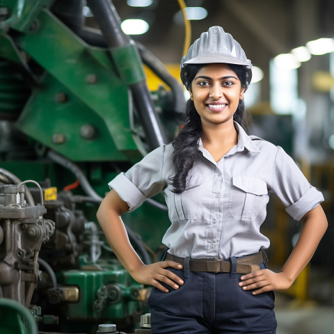 Indian woman chief engineer smiling at work on blured background