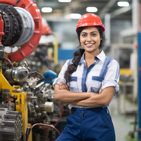 Indian woman chief engineer smiling at work on blured background