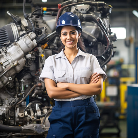 Indian woman chief engineer smiling at work on blured background