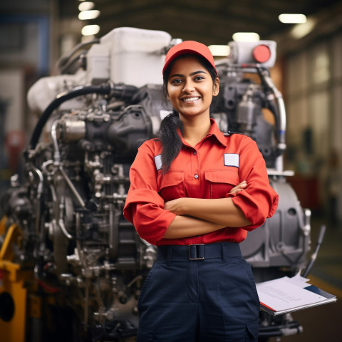 Indian woman chief engineer smiling at work on blured background