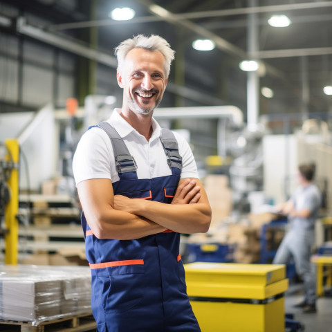 Smiley factory worker at work on blured background