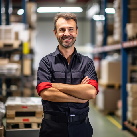 Smiley factory worker at work on blured background