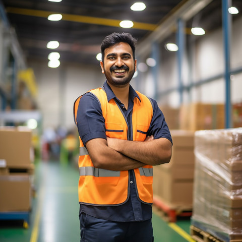 Handsome Indian factory worker smiling at work on blured background