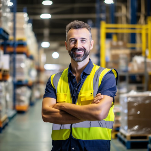 Smiley factory worker at work on blured background