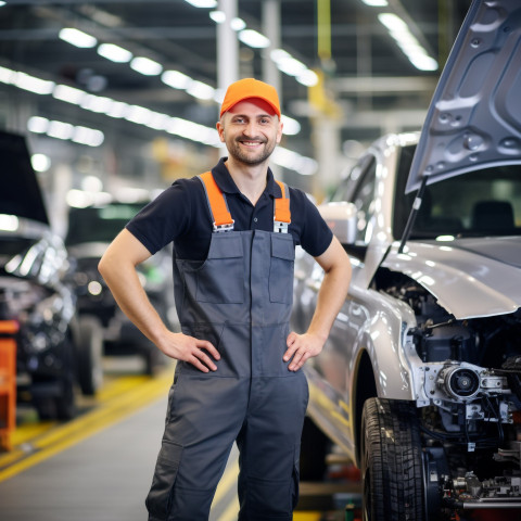 Friendly car factory engineer at work on blured background