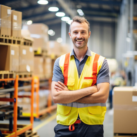 Smiley factory worker at work on blured background