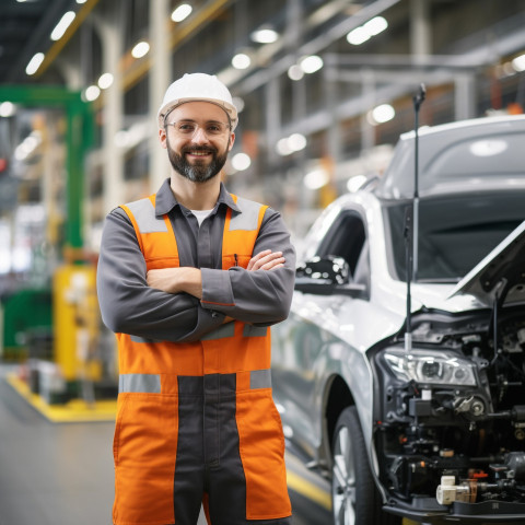 Friendly car factory engineer at work on blured background