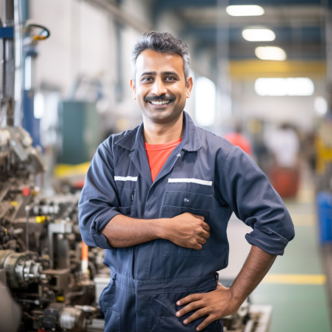 Handsome Indian factory worker smiling at work on blured background