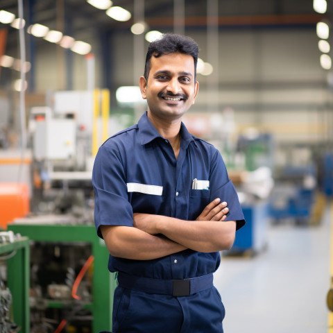 Handsome Indian factory worker smiling at work on blured background