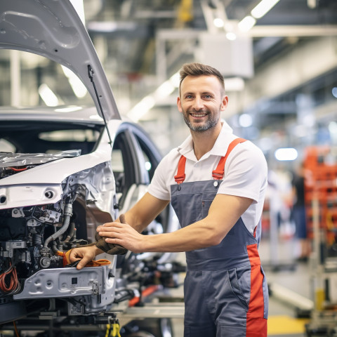 Friendly car factory engineer at work on blured background