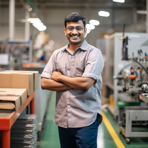 Handsome Indian factory worker smiling at work on blured background