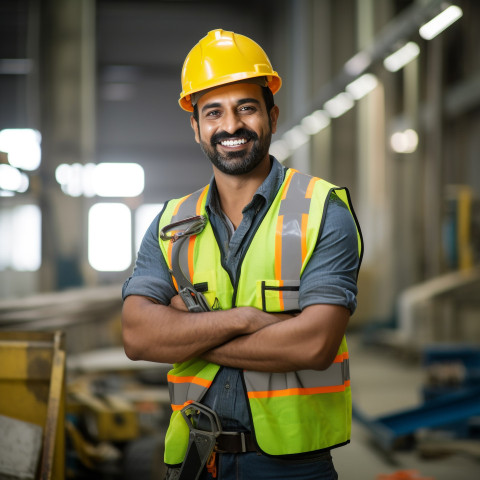 Indian construction worker smiling at work on blured background