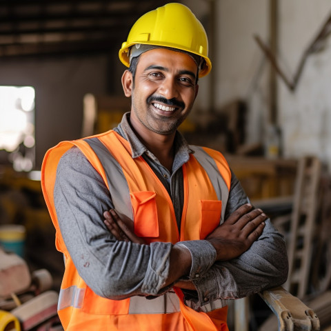 Indian construction worker smiling at work on blured background