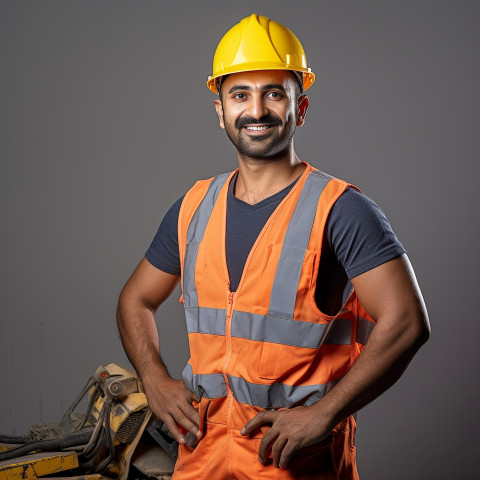 Indian construction worker smiling at work on blured background