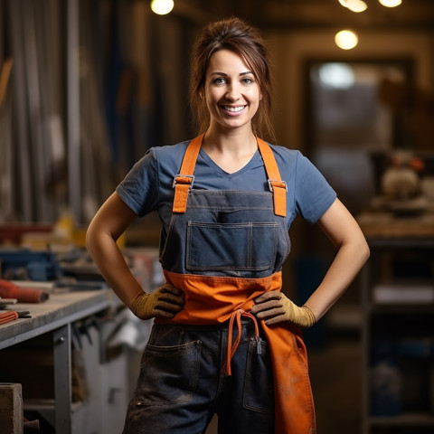 Smiling woman turner worker blurred background