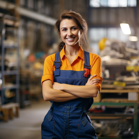 Smiling woman turner worker blurred background