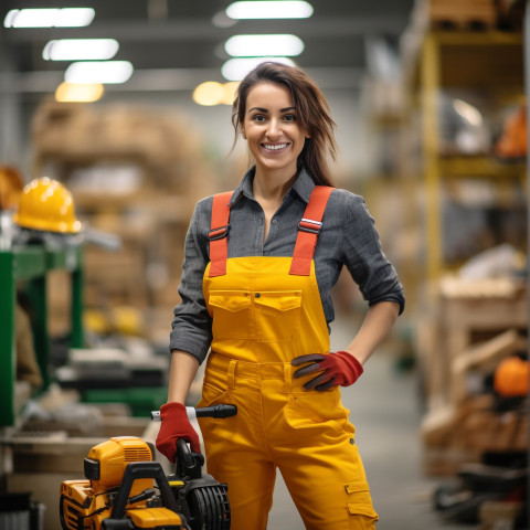 Smiling woman turner worker blurred background