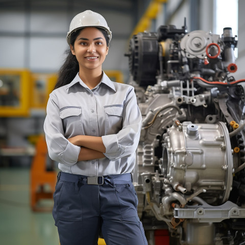 Indian woman engineer working with a smile on blurred background