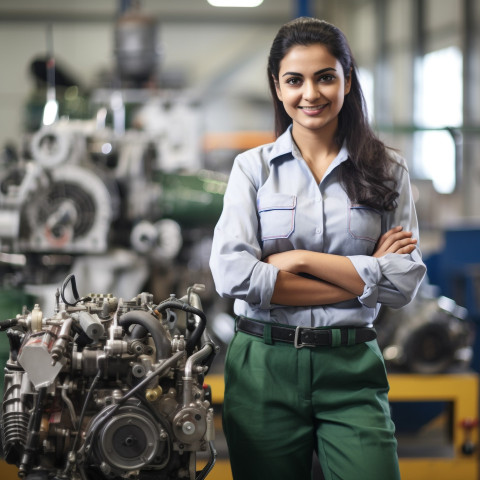 Indian woman engineer working with a smile on blurred background