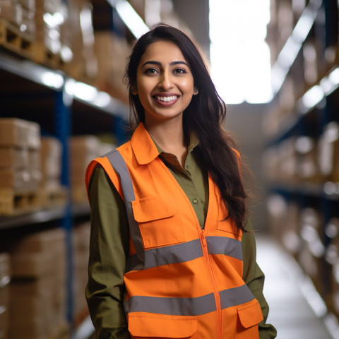 Indian woman warehouse worker smiles at work on blurred background