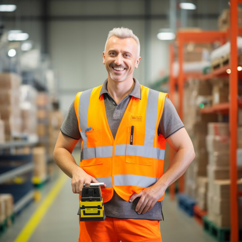 Smiling manufacturing supervisor at work on blurred background