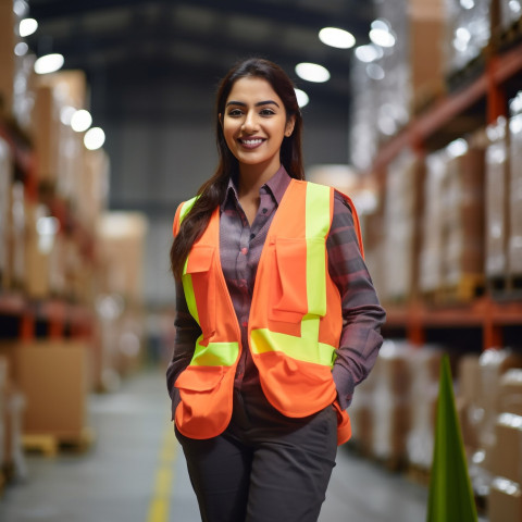 Indian woman warehouse worker smiles at work on blurred background