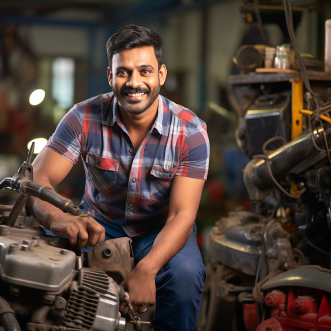 Happy Indian car mechanic working on blurred background