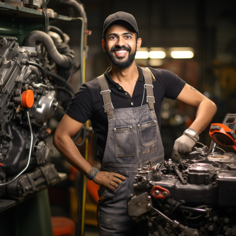 Happy Indian car mechanic working on blurred background