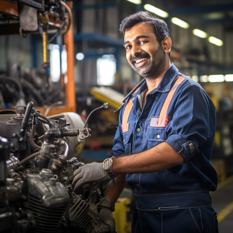 Happy Indian car mechanic working on blurred background