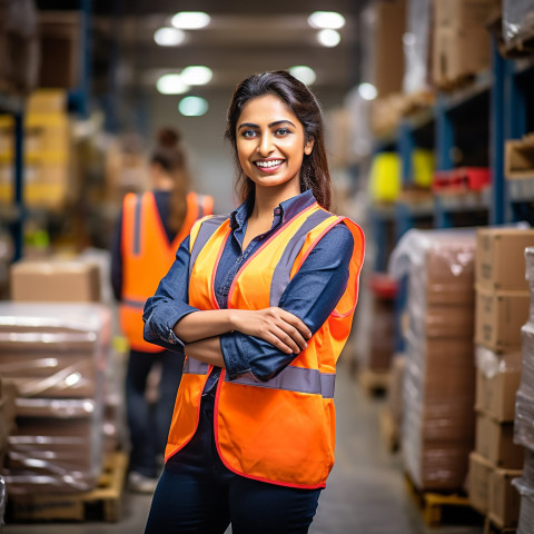 Indian woman warehouse worker smiles at work on blurred background