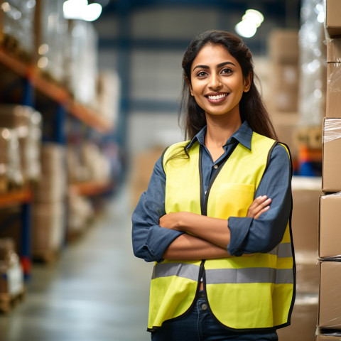 Indian woman warehouse worker smiles at work on blurred background