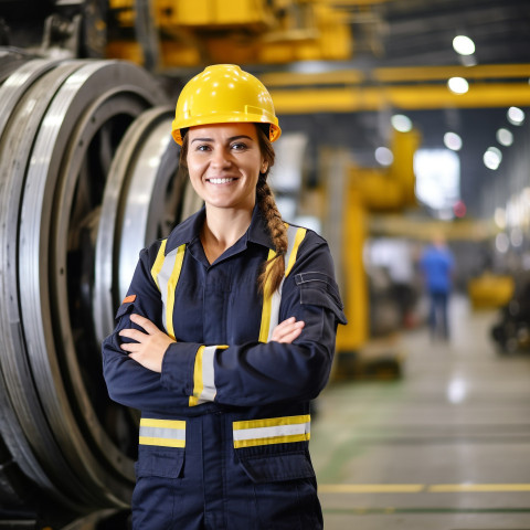 Smiling female heavy industry engineer at work on blurred background