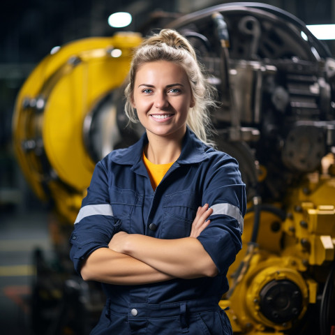 Smiling female heavy industry engineer at work on blurred background