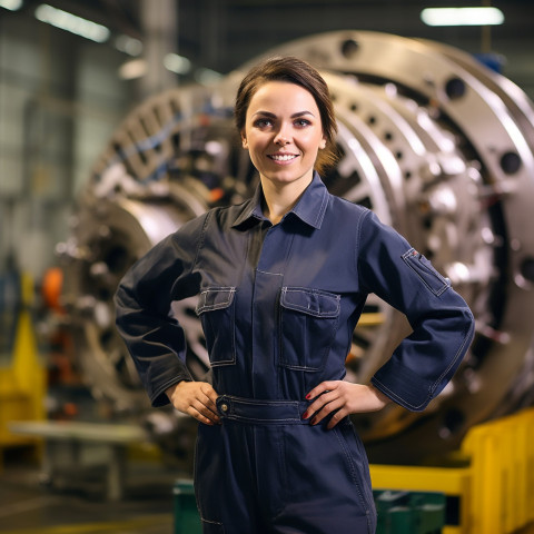 Smiling female heavy industry engineer at work on blurred background