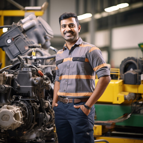 Indian male engineer working in office on blured background