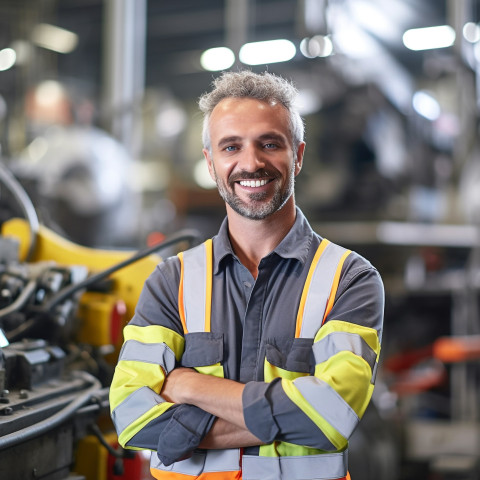 Industrial engineer smiling at work on blured background