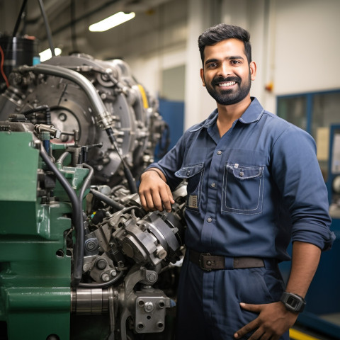 Indian male engineer working in office on blured background