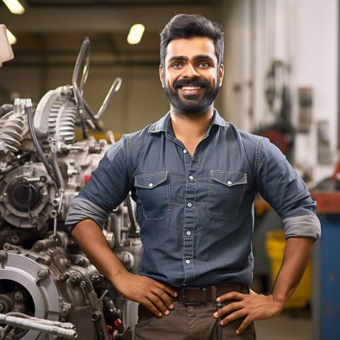 Indian male engineer working in office on blured background