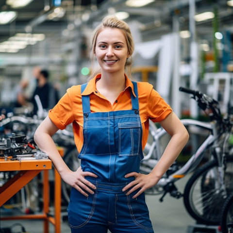 Smiling female bike engineer working in a factory on blurred background