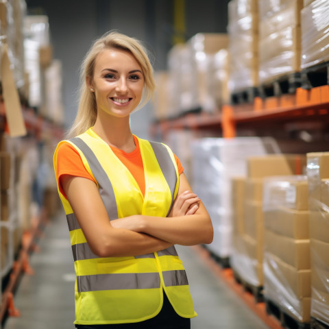 Smiling woman factory worker at work on blurred background