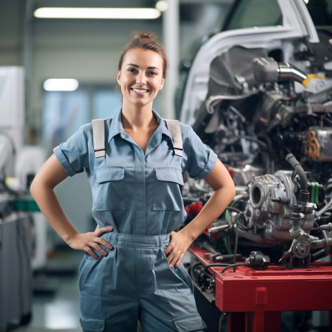 Smiling woman mechanic at work on blurred background