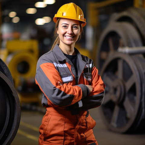 Smiling woman worker in heavy industry on blurred background