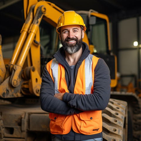 Smiling construction worker at work a blurred background