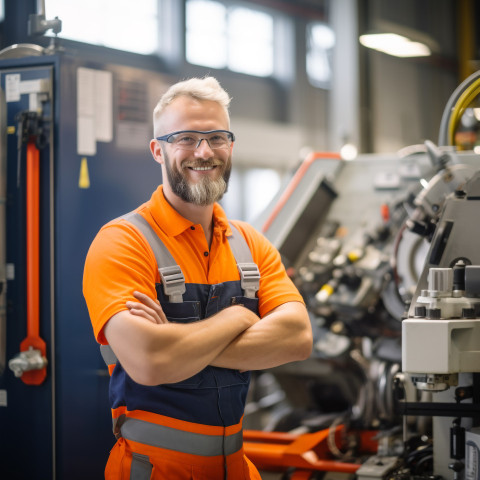 Smiling mechanical engineer working on blurred background