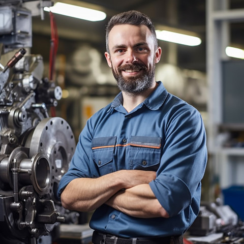 Smiling mechanical engineer working on blurred background