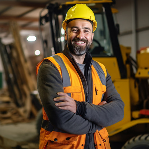 Smiling construction worker at work a blurred background