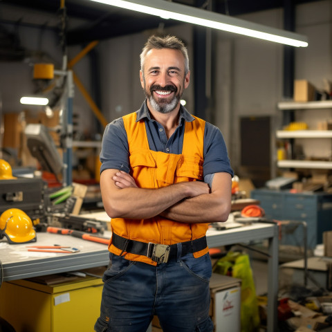 Smiling construction worker at work a blurred background