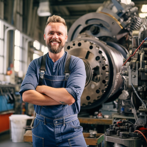 Smiling mechanical engineer working on blurred background