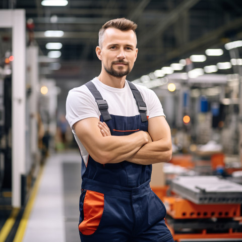 Confident factory worker on assembly line on blured background