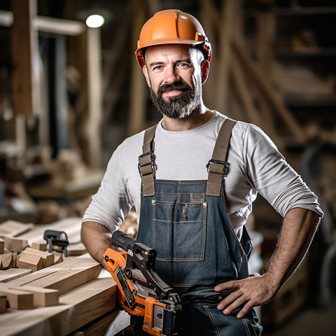 Skilled carpenter working with confidence on blured background